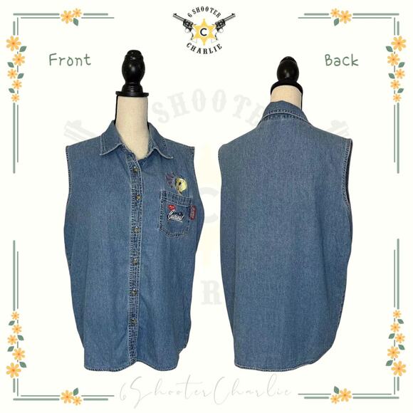 VTG LOONEY TUNES Womens Denim Shirt Tweety Bird Calling all Cuties Size 14/16 W - Picture 1 of 7
